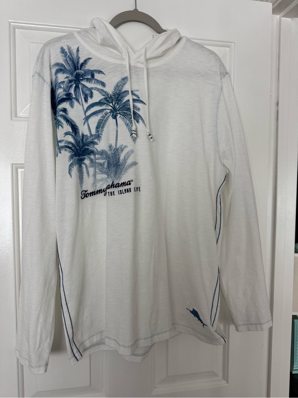 Tommy Bahama White Hooded Long-Sleeve Beach/Boat Coverup with Blue Palm Print